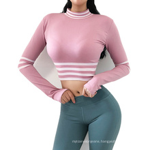 Women Long Sleeve Workout Fitness Clothing Sport Seamless Striped Gym Yoga Crop Top with Thumb Hole